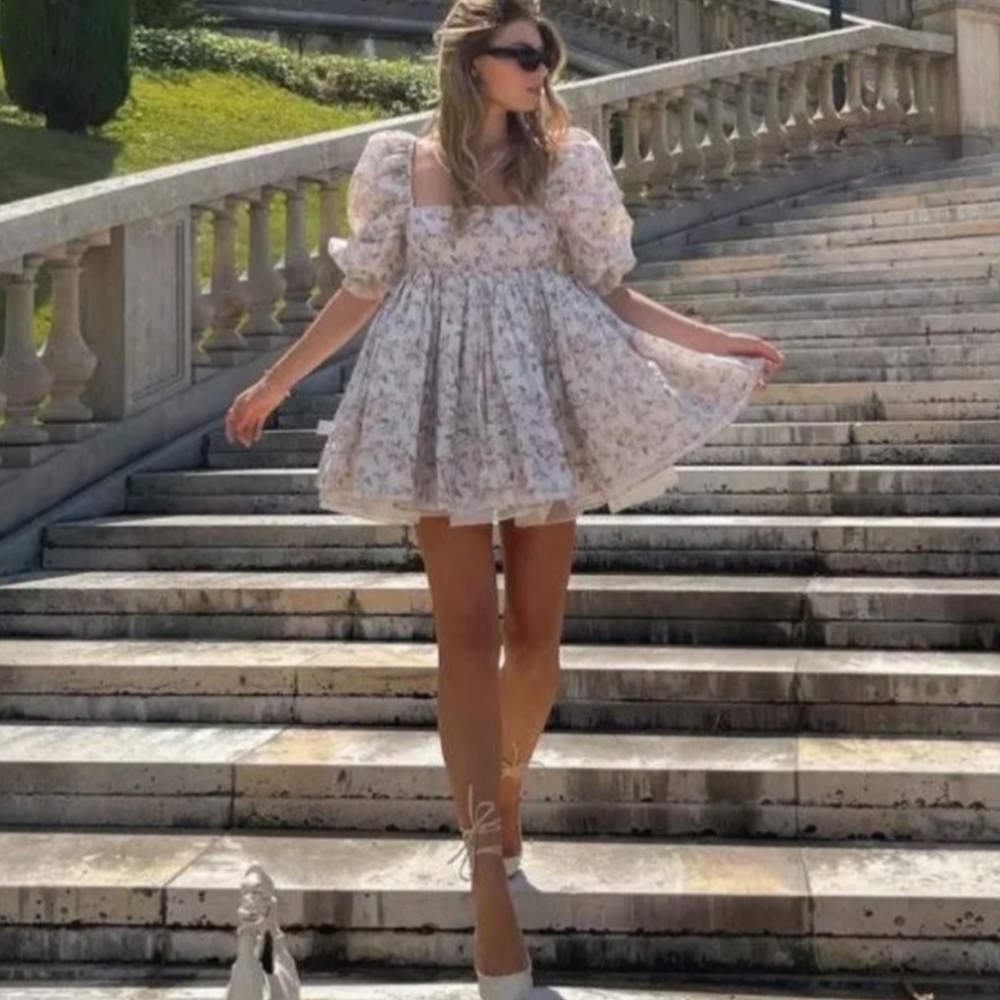 Reversible Floral Organza Babydoll Puff Dress - Picture 2 of 16
